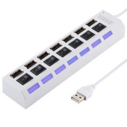 7 Ports USB Hub 2.0 USB Splitter High Speed 480Mbps with ON/OFF Switch, 7 LED(White)