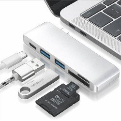 basix T5 5 in 1 USB-C / Type-C to 2 USB 3.0 + USB-C / Type-C Interfaces HUB Adapter with Micro SD / SD Card Slots (Silver)