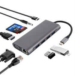 11 in 1 VGA + LAN Port + 4 x USB 3.0 + SD / TF Card + HDMI + Audio Port + USB-C / Type-C Female to USB-C / Type-C HUB Adapter(Da